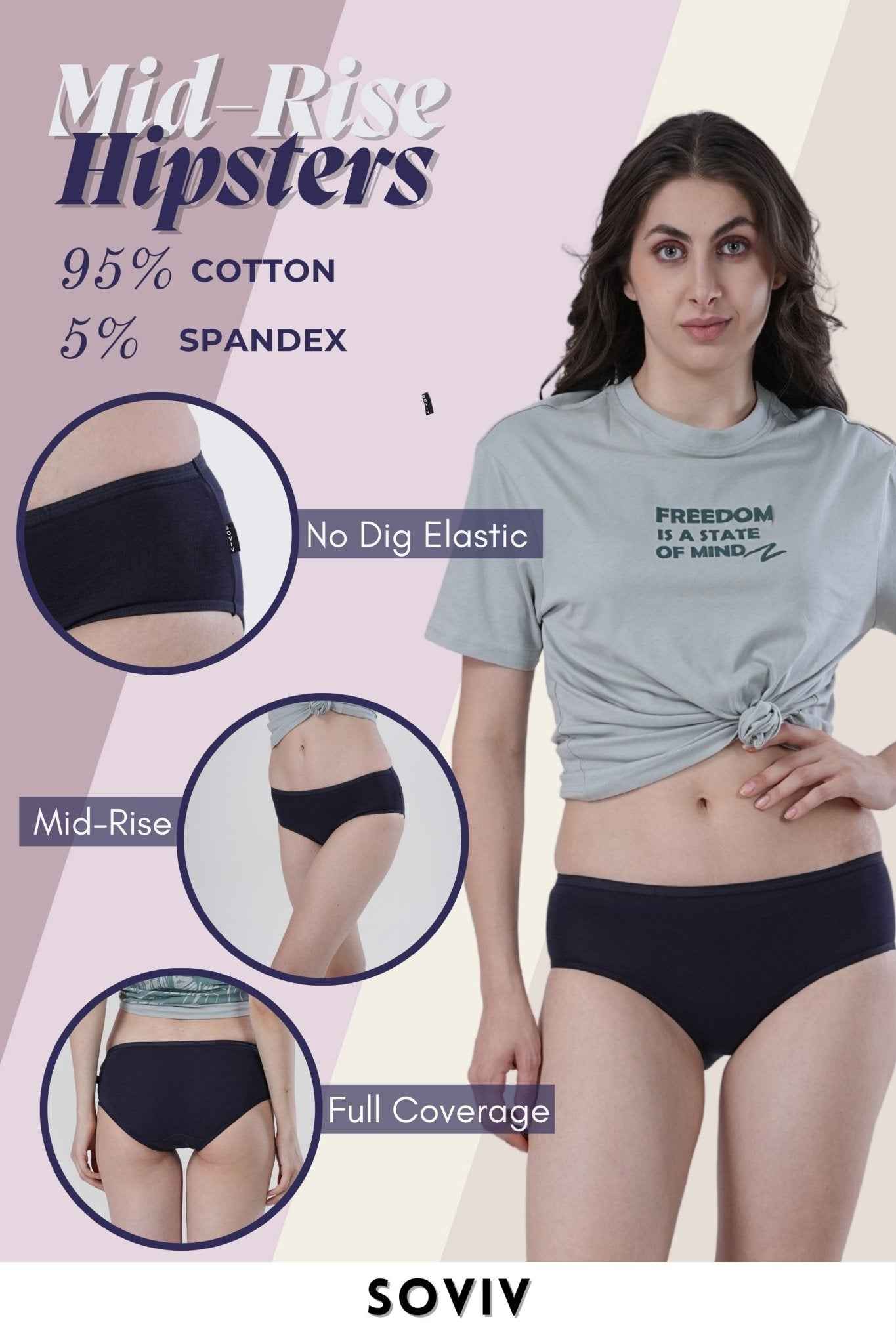 Textured Cotton Stretch Hipster – Mid Rise in Midnight Blue | Pack of 1